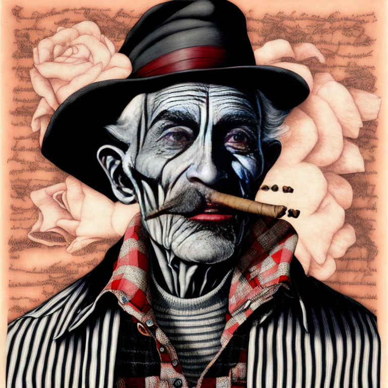 Illustration of older man smoking cigar in plaid shirt and hat