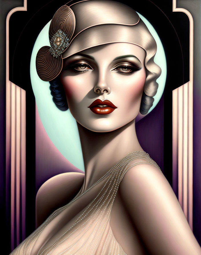 Art Deco illustration of woman with vintage hairstyle, hat, makeup, pearls & geometric frame