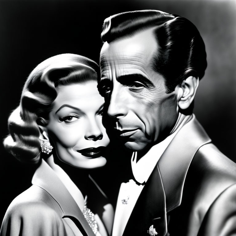 Vintage black and white photo of glamorous couple with wavy and side-part hairstyles.