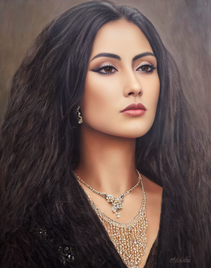 Woman with Long Black Hair, Dark Eyeliner, Sparkling Jewelry