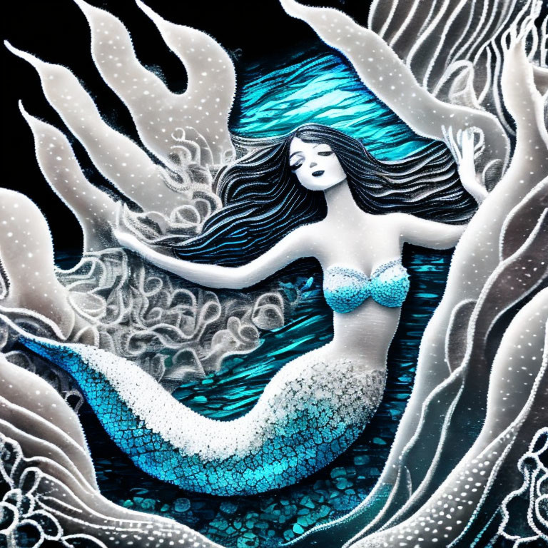 Mermaid illustration with blue tail and flowing hair underwater