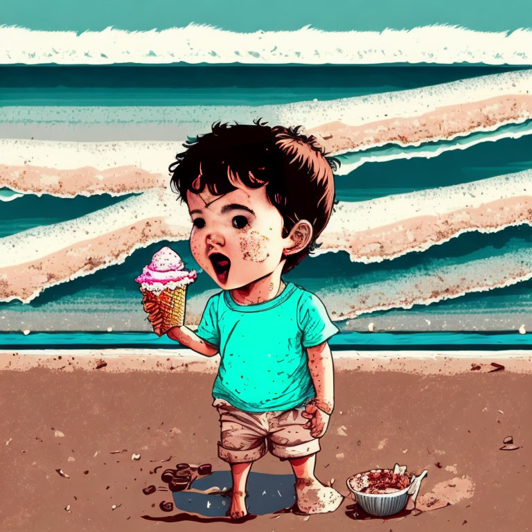 Child with messy hair holding ice cream cone on beach with spilled bowl