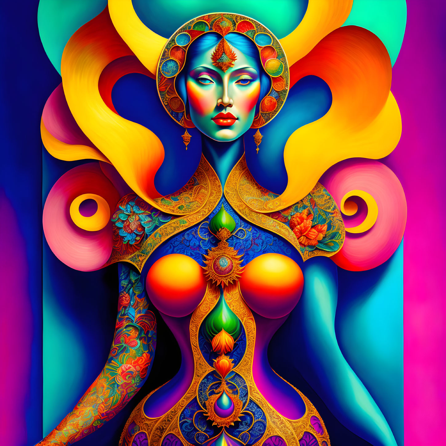 Colorful digital artwork featuring stylized woman with ornate patterns and swirling shapes