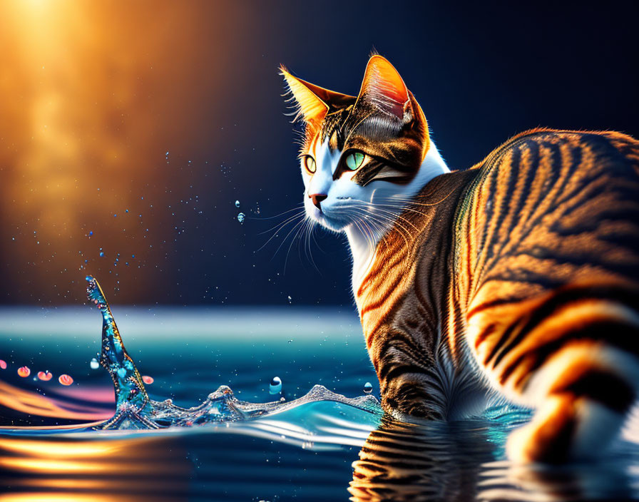 Tabby Cat by Water at Orange and Blue Sunset