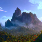 Tropical forest with mist, towering cliffs, and meteor in the sky