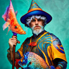 Colorful wizard with orange fish staff on teal background