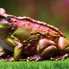 Brown frog with green eyes on vibrant leaf with water droplets