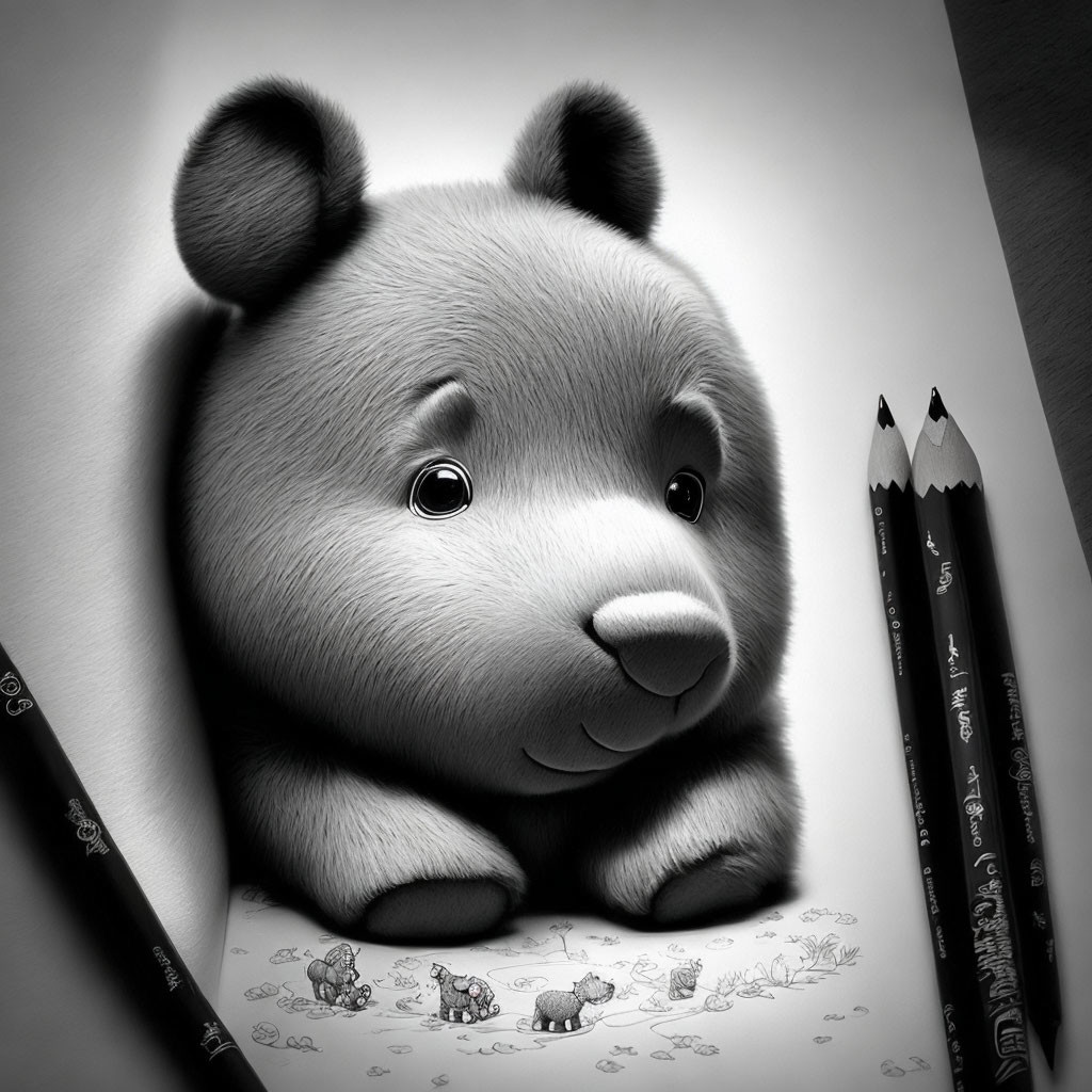 Monochrome drawing of fluffy panda with pencils and smaller pandas in background