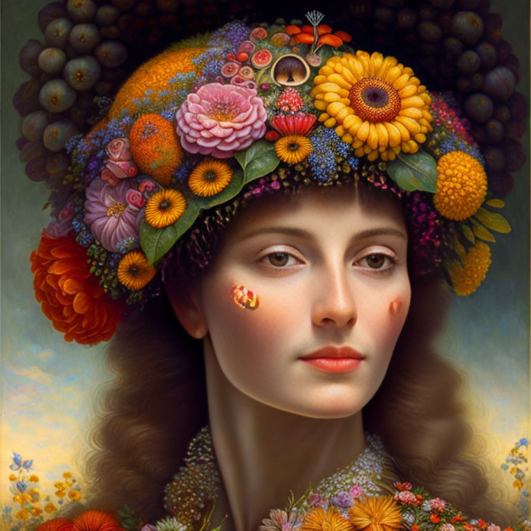 Colorful Floral Hat Portrait of Serene Woman