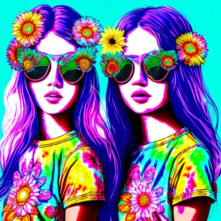 Colorful illustration: Two figures in floral crowns and sunglasses with neon tie-dye shirts, capturing