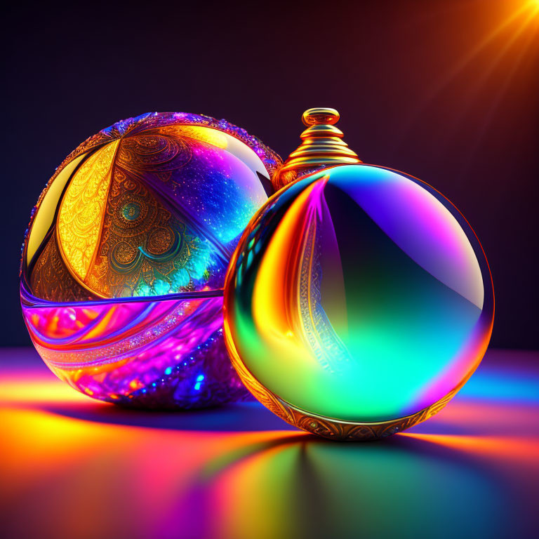 Ornate colorful Christmas balls with warm light reflections on glossy surface