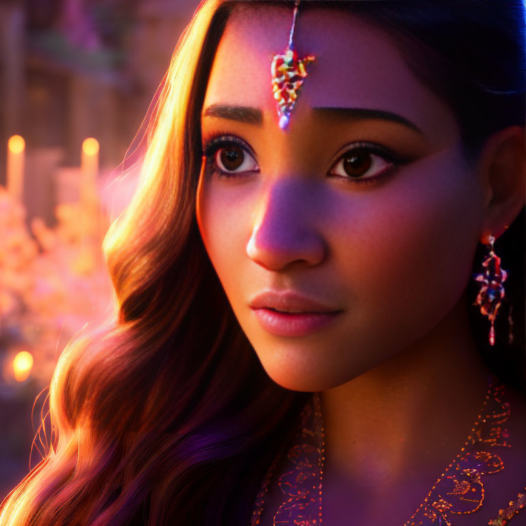 Detailed close-up of 3D animated female character in jewelry, gazing sideways on warm backdrop