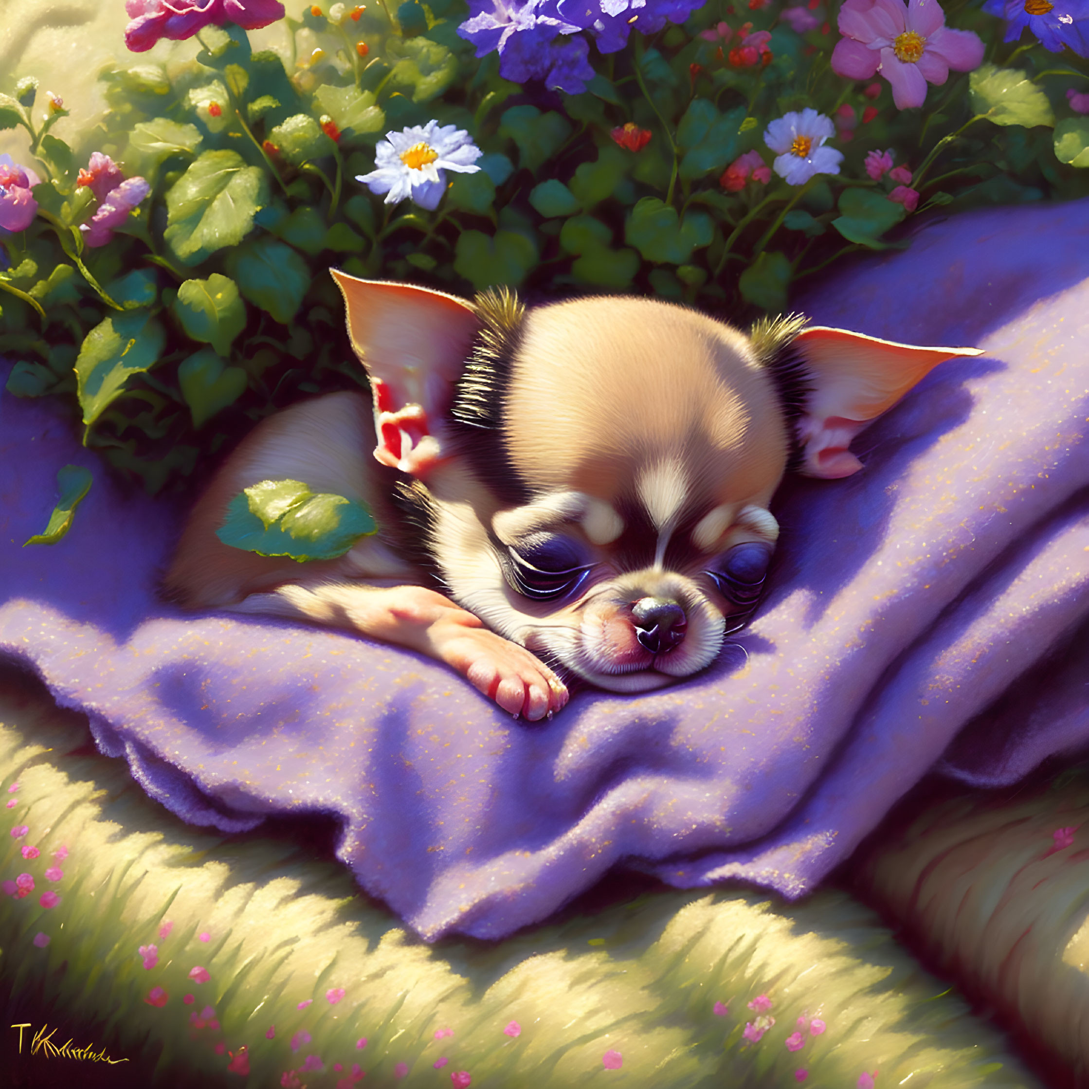 Chihuahua puppy on purple blanket surrounded by garden flowers