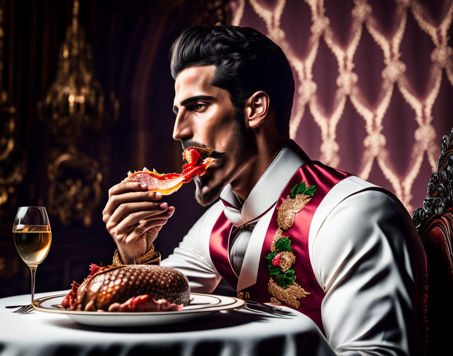 Elegant man in vest and bow tie dining on seafood in luxurious setting