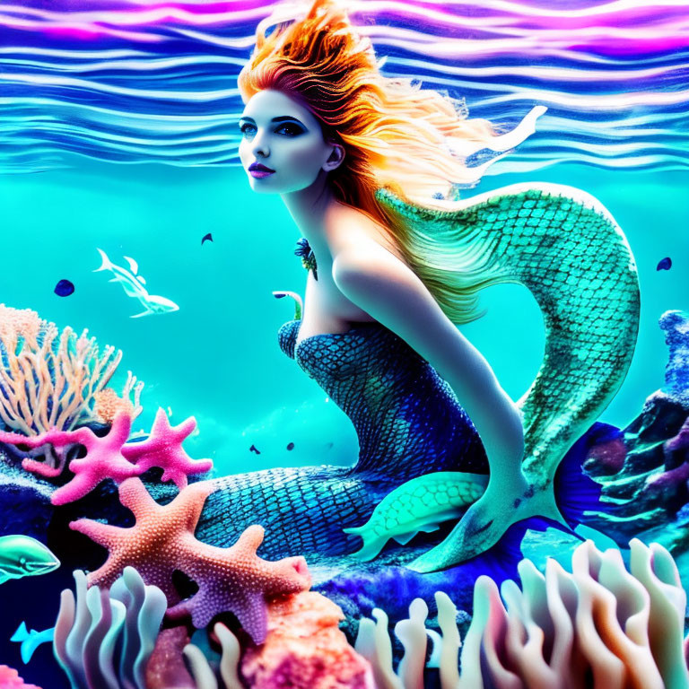 Colorful Mermaid Illustration with Red Hair and Shimmering Tail in Underwater Scene