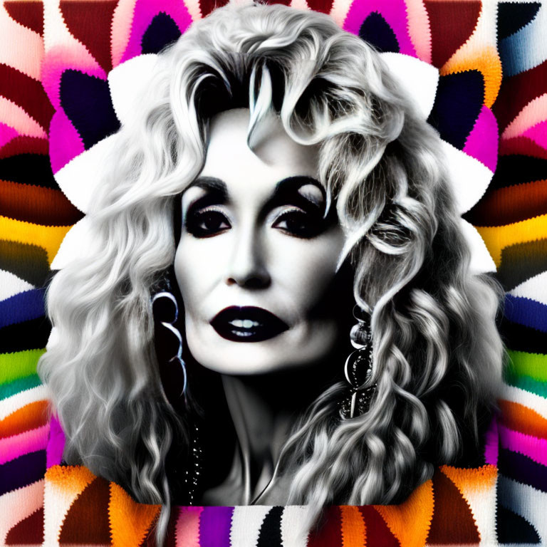 Blonde woman with dark lipstick and dramatic eye makeup on colorful abstract backdrop