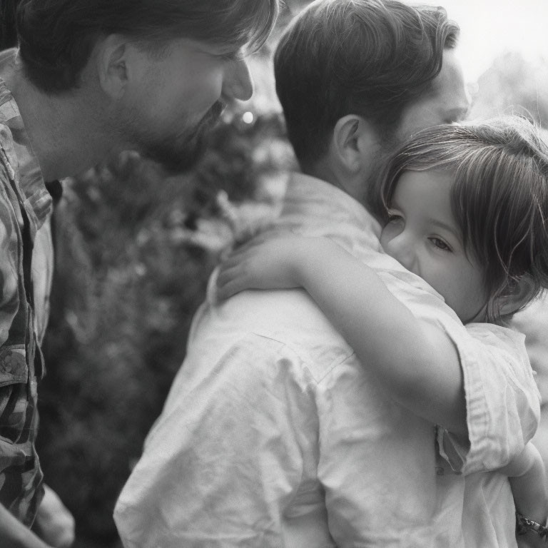 Black and white photo of young girl hugging adults