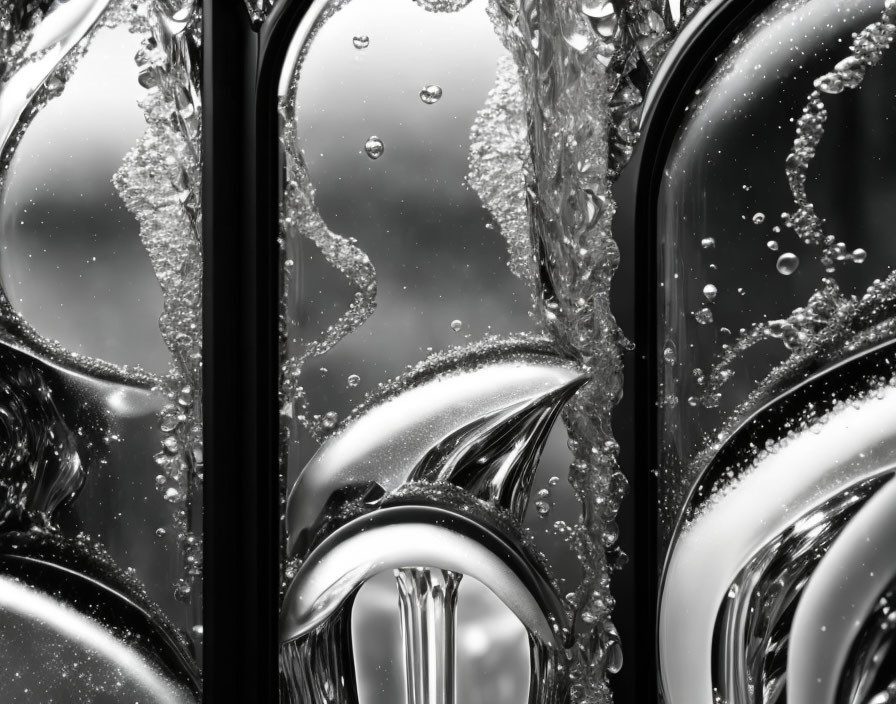 Monochrome close-up of water bubbles and droplets on reflective metallic surface