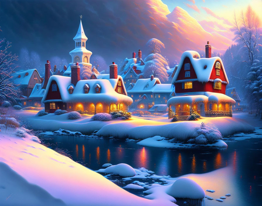 Snow-covered village with warm lights and frozen river at twilight