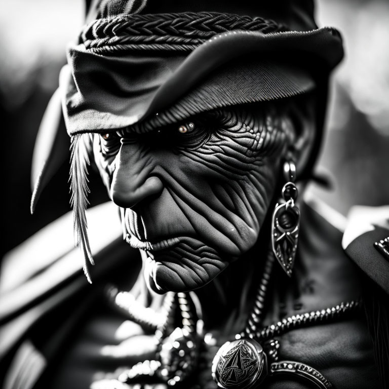 Monochrome portrait of person with wrinkled face, turban, earring, and military decorations