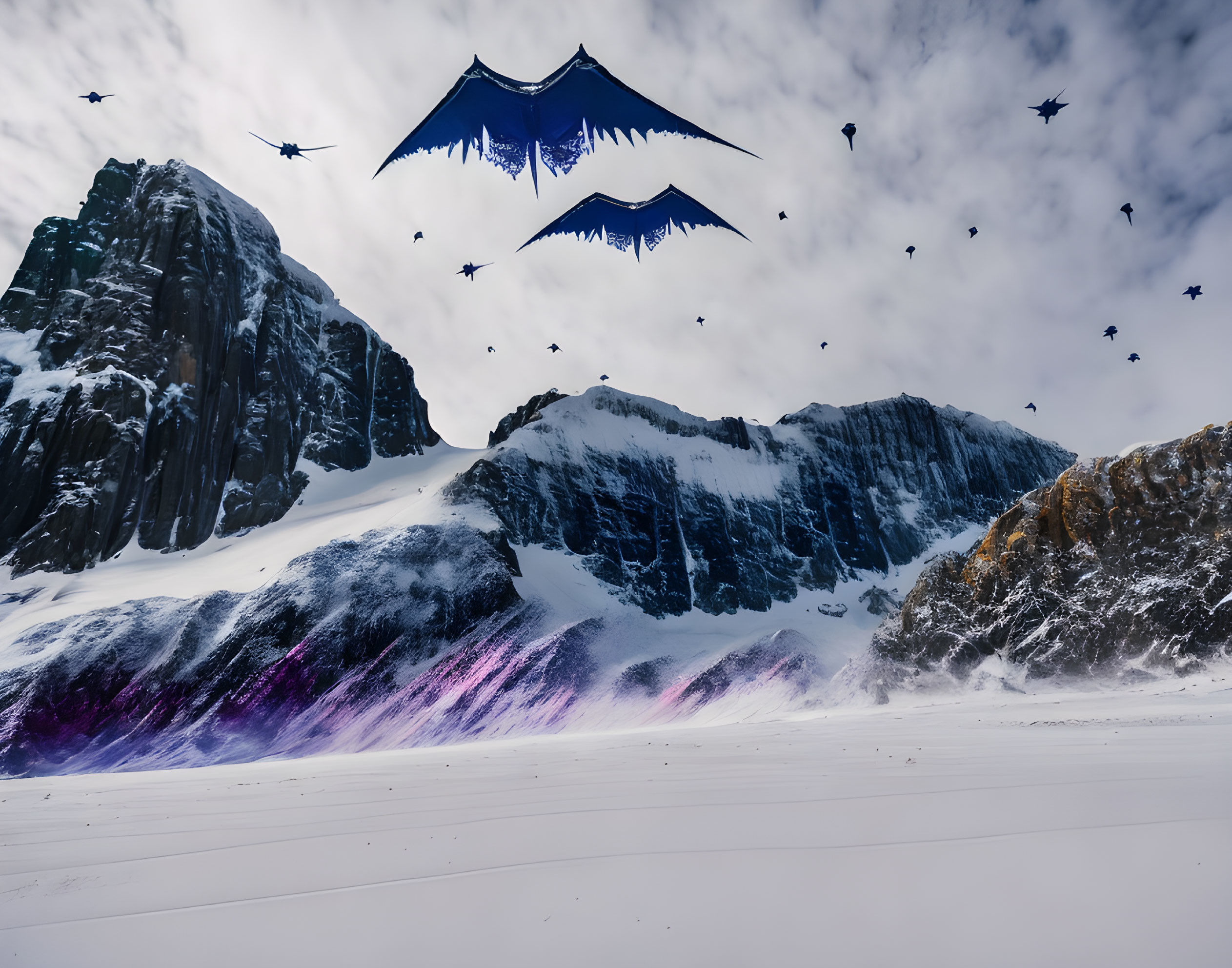 Fantasy landscape with dragons, snow-covered mountains, and mystical energy