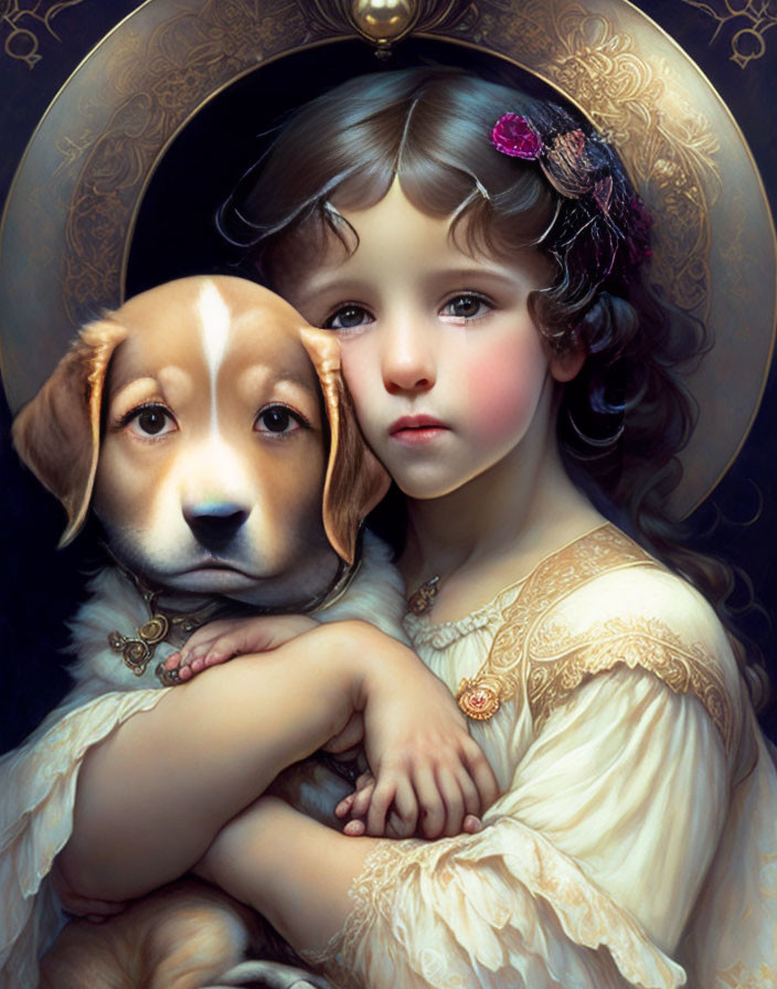 Curly-haired girl cuddles brown and white puppy on ornate backdrop