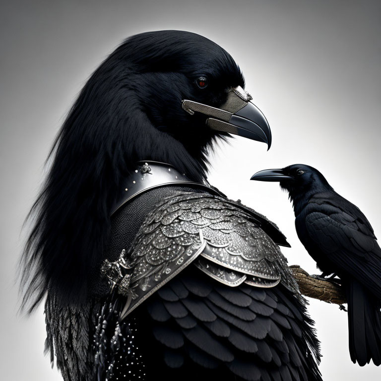 Stylized image of humanoid raven in ornate armor with sword, accompanied by smaller raven