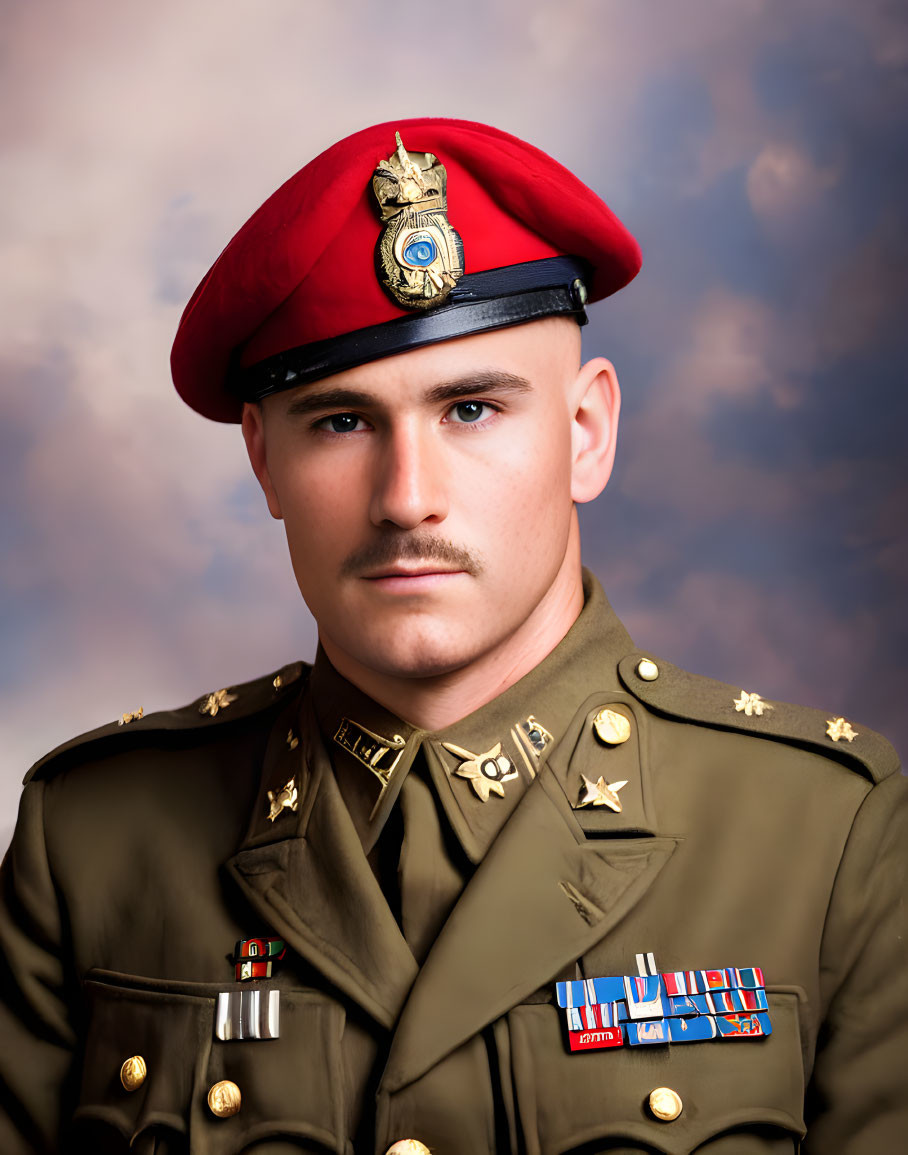 Military figure in red beret, uniform, medals, and badges against cloudy sky.