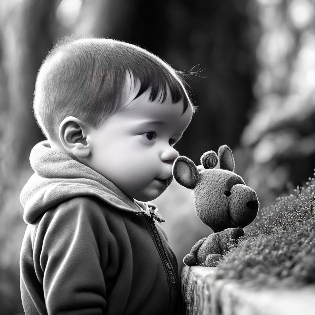 Contemplative toddler gazes at small stuffed animal outdoors