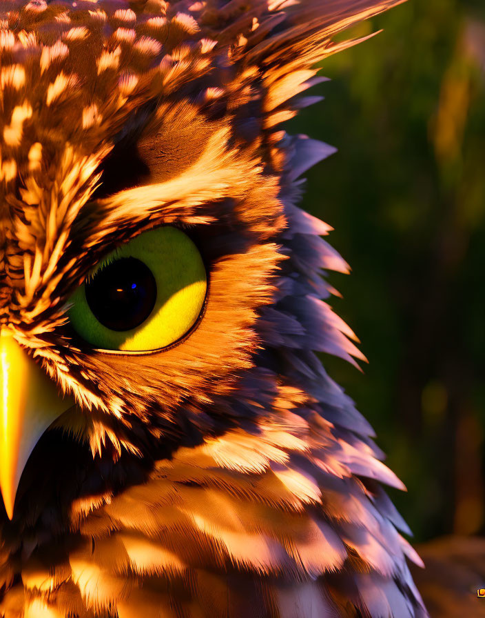 Detailed Owl Face with Yellow-Green Eyes and Feathers in Warm Sunlight