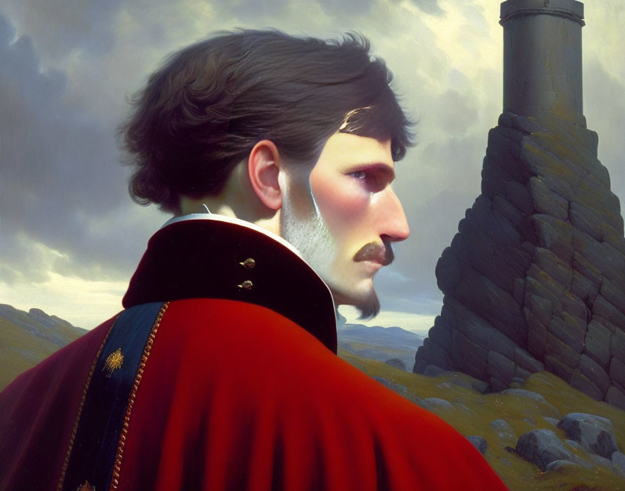 Stylized portrait of man in red coat against cloudy sky and stone tower