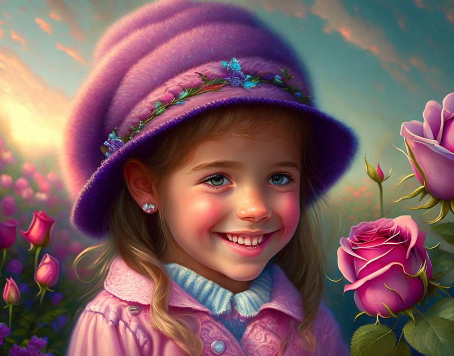 Young girl in purple hat and coat with blooming pink roses under soft lighting