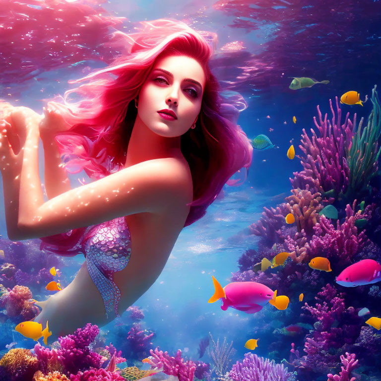 Colorful Mermaid Artwork: Pink-Haired Mermaid Swimming Among Coral and Fish