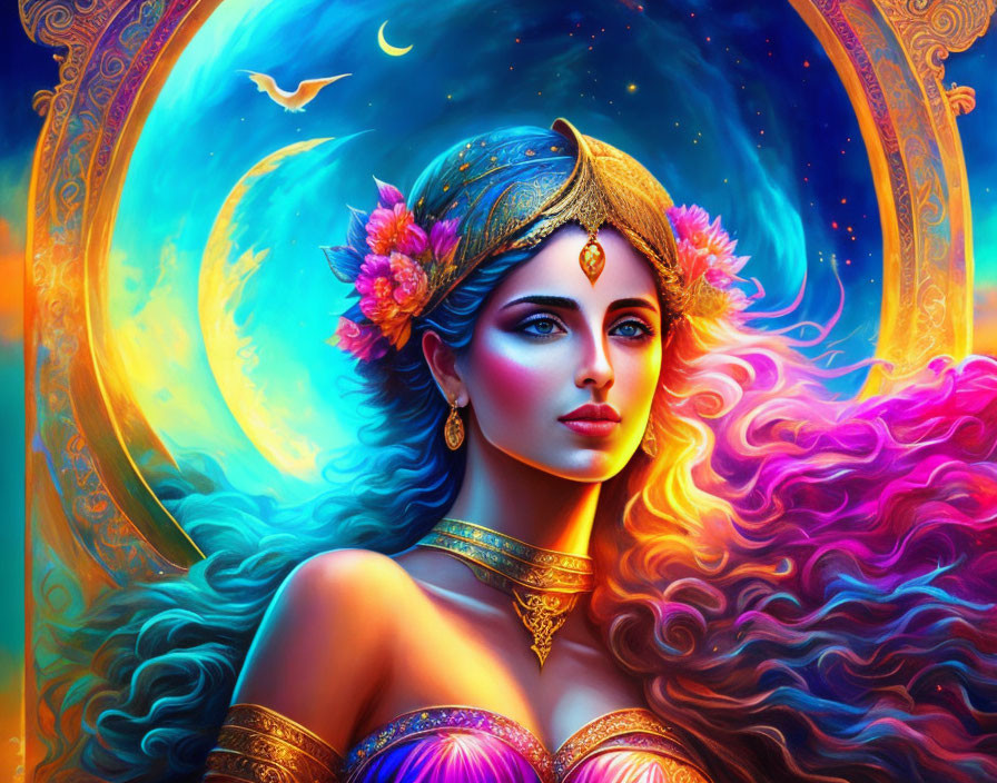 Colorful artwork of mystical woman with blue eyes, golden jewelry, flowers, against cosmic background