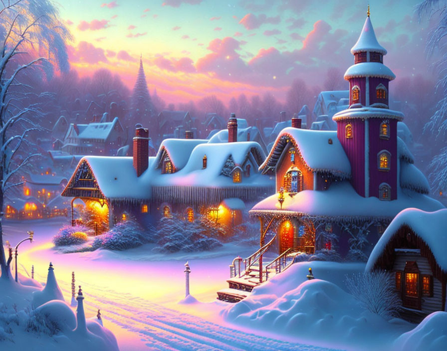 Snowy landscape with glowing cottage at dusk