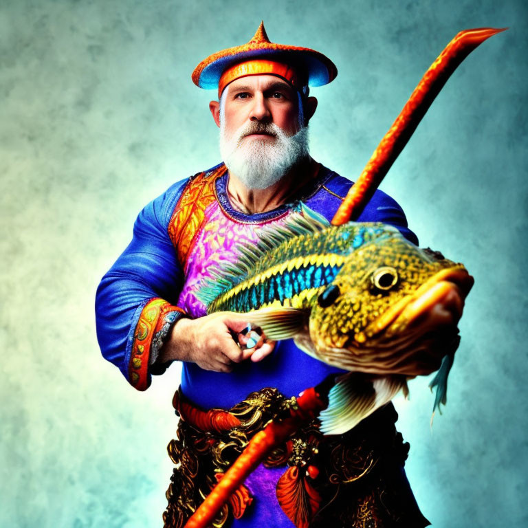 Bearded man in colorful attire with fish and sword on blue background