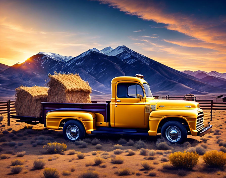 Vintage Yellow Pickup Truck Carrying Hay Bales in Desert Sunset