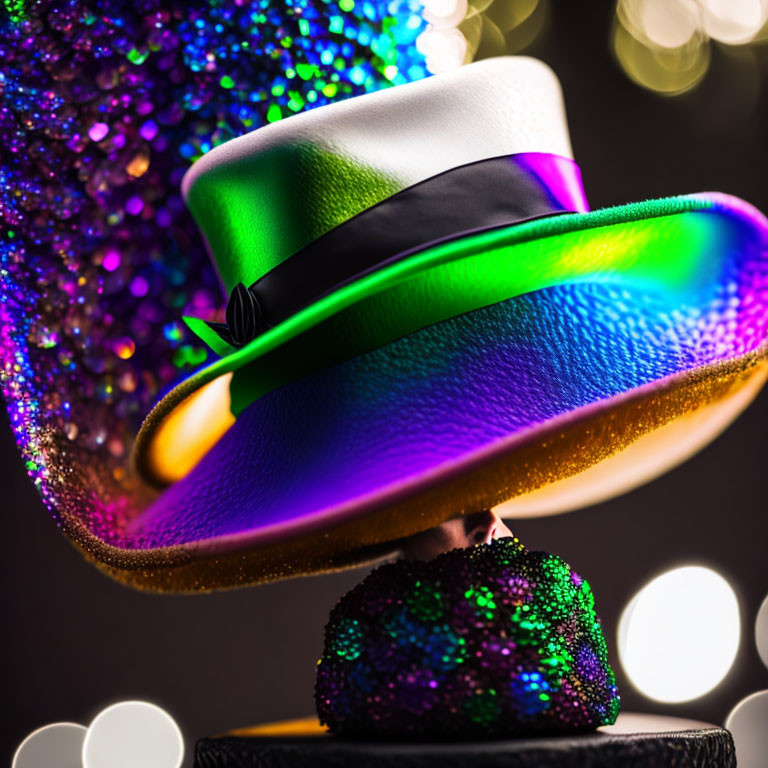 Vibrant stacked hats with festive sparkles and bokeh lights