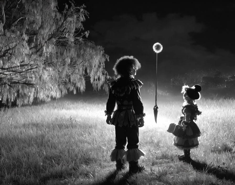 Children in costume admire glowing dandelion at night with tree in background