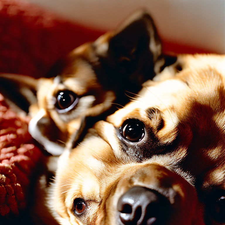 Two dogs snuggling, one on top, with expressive eyes.