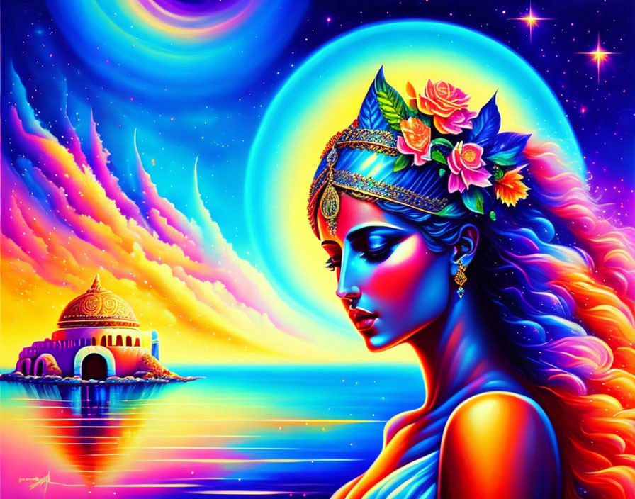 Colorful artwork: Woman with ornate headpiece in cosmic scene with floating temple, vivid sky,