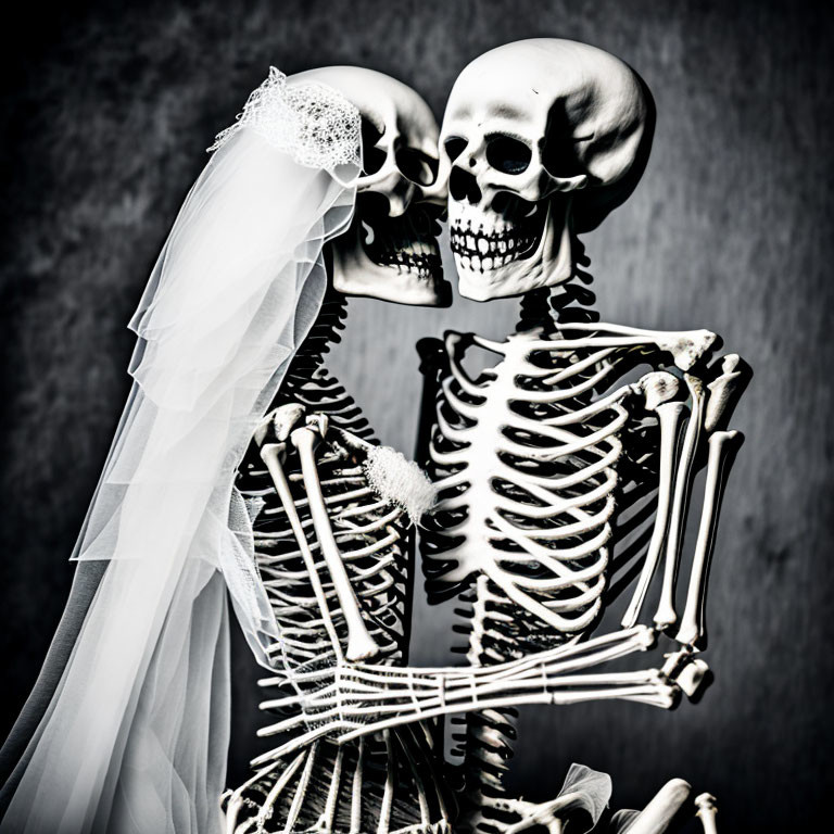 Skeletons Embracing in Bridal Veil on Dark Background