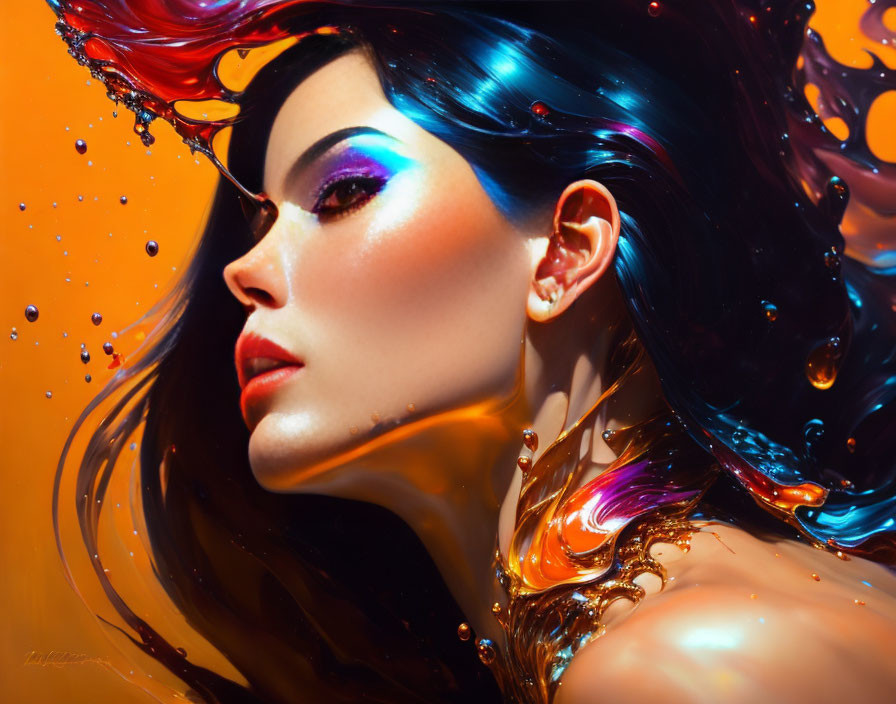 Vibrant makeup and liquefied hair in profile against orange backdrop