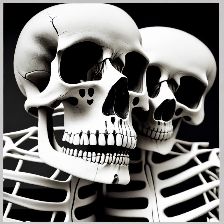 Human Skull Replicas with Upper Body Skeletons on Black Background