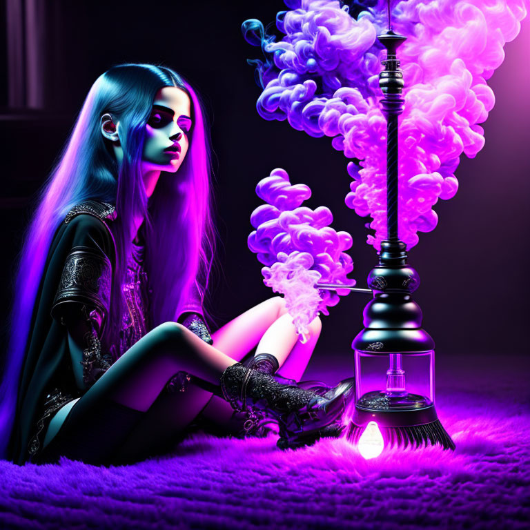 Blue-haired woman by hookah with purple smoke in neon-lit room