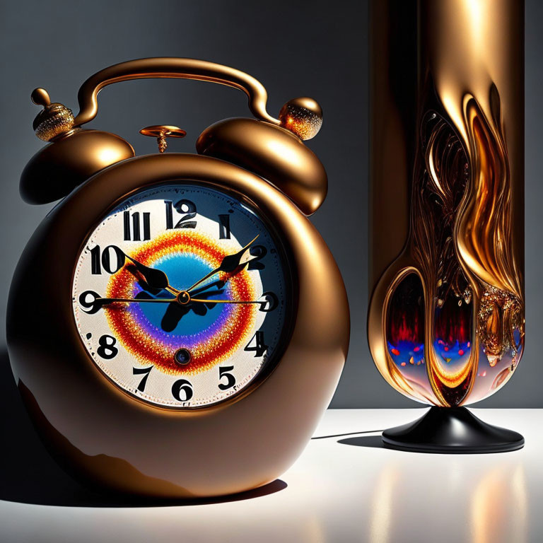 Surreal image: melting alarm clock and reflective sculpture on gray background