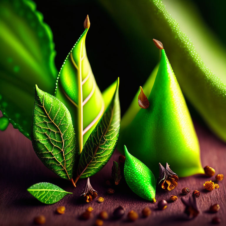 Fresh Green Leaves, Seed Pods, and Spices on Dark Background