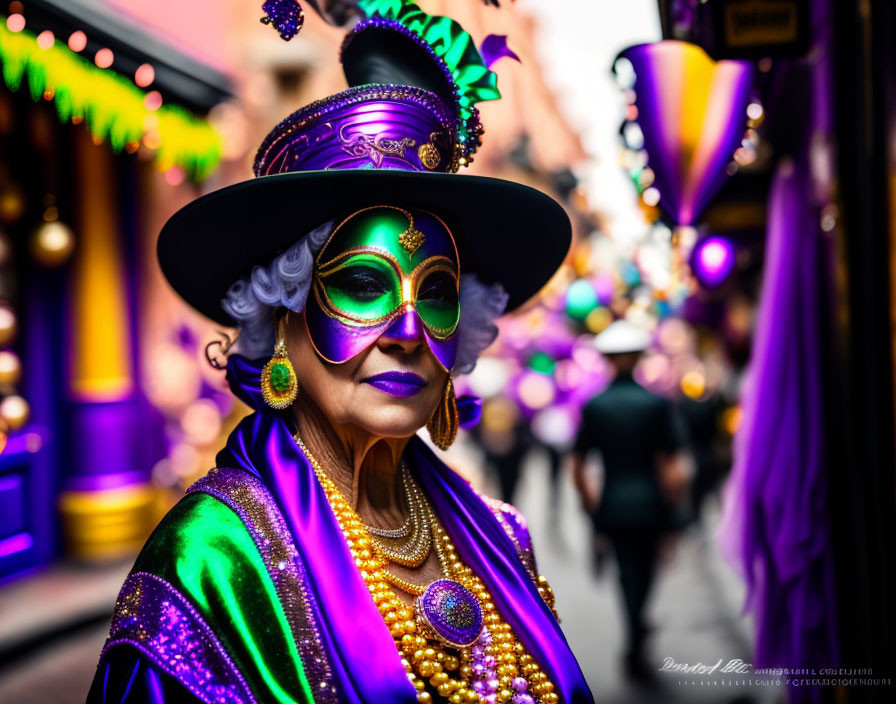 Vibrantly dressed figure in Mardi Gras costume with mask, hat, and beads on street