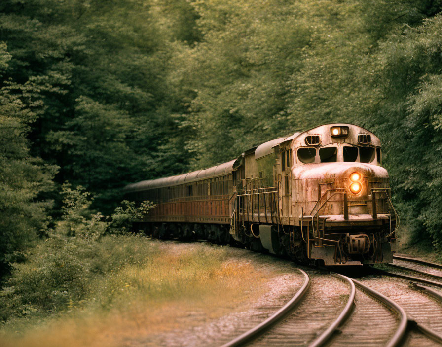 Vintage passenger train navigating forest bend with illuminated headlight