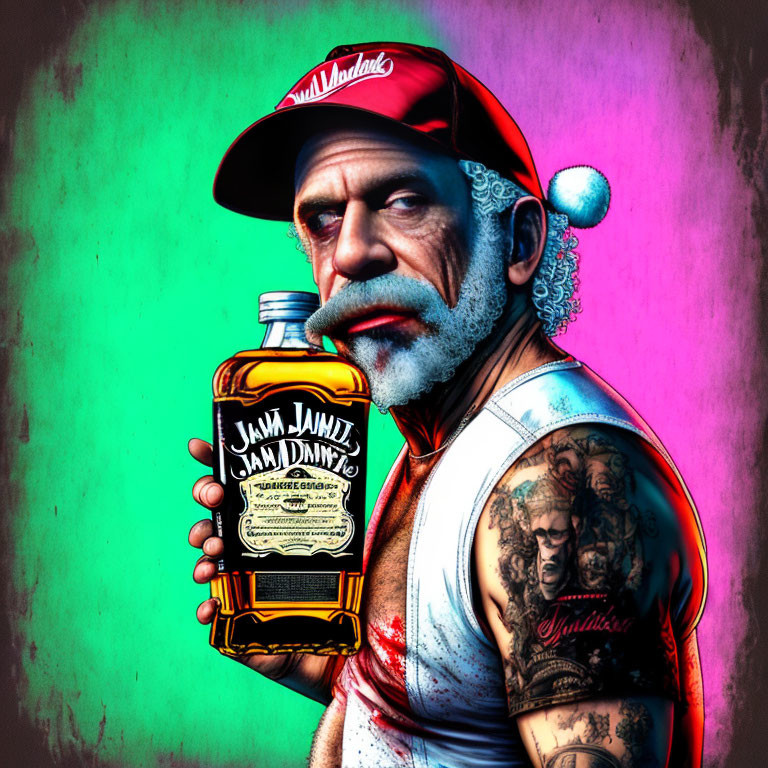 Stylized image of man with red cap, white beard, tattoos, and whiskey bottle on colorful